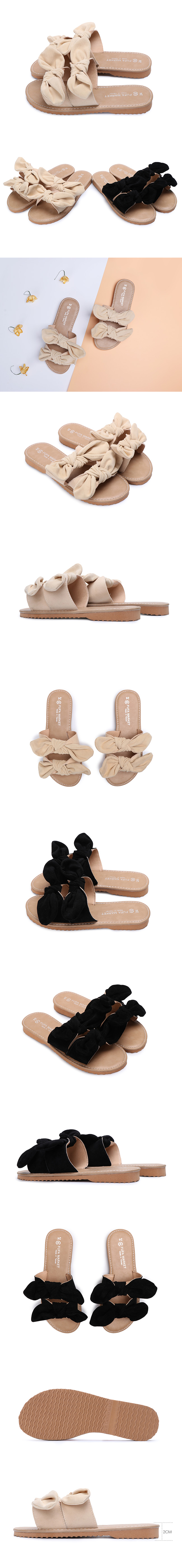 【富發牌】雙排蝶結輕著拖鞋-黑/杏1PL53