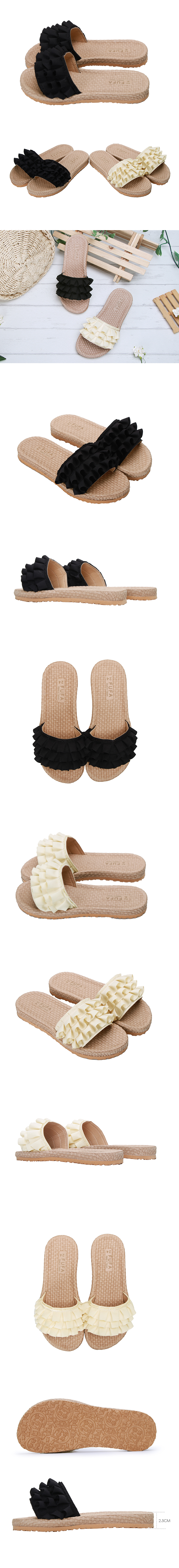 【富發牌】日系荷葉邊仿草編拖鞋-黑/米1PL92